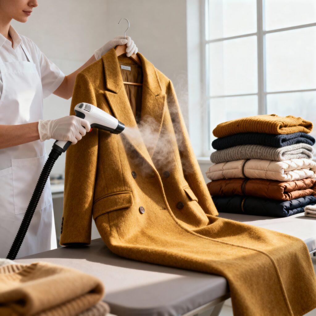 Professional cleaner steaming a wool coat in a laundry facility with neatly folded winter clothes nearby..