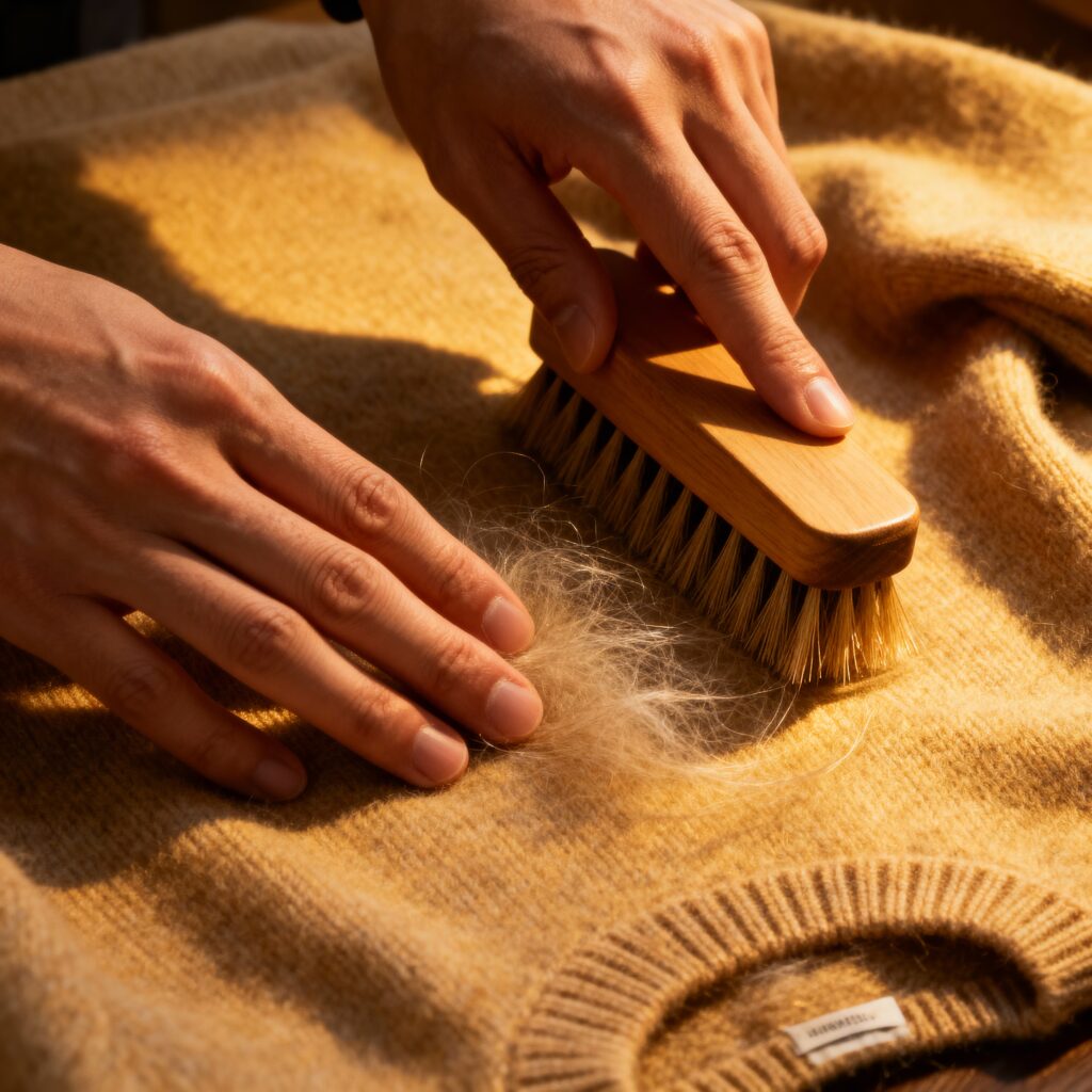 Close-up of hands brushing lint from a wool sweater using a wooden fabric brush.