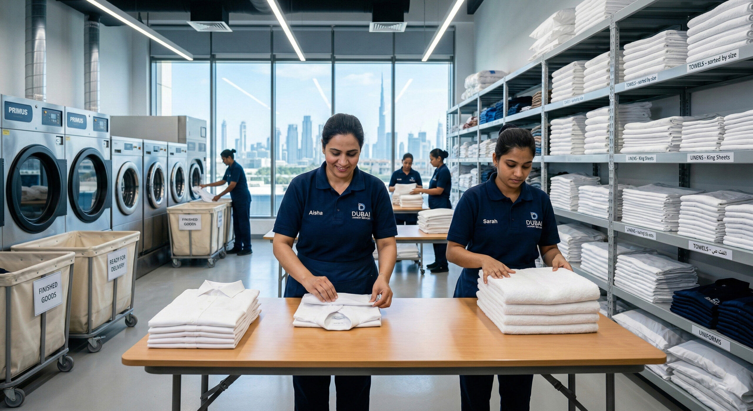 Professional staff folding freshly cleaned clothes at the best laundry in Dubai