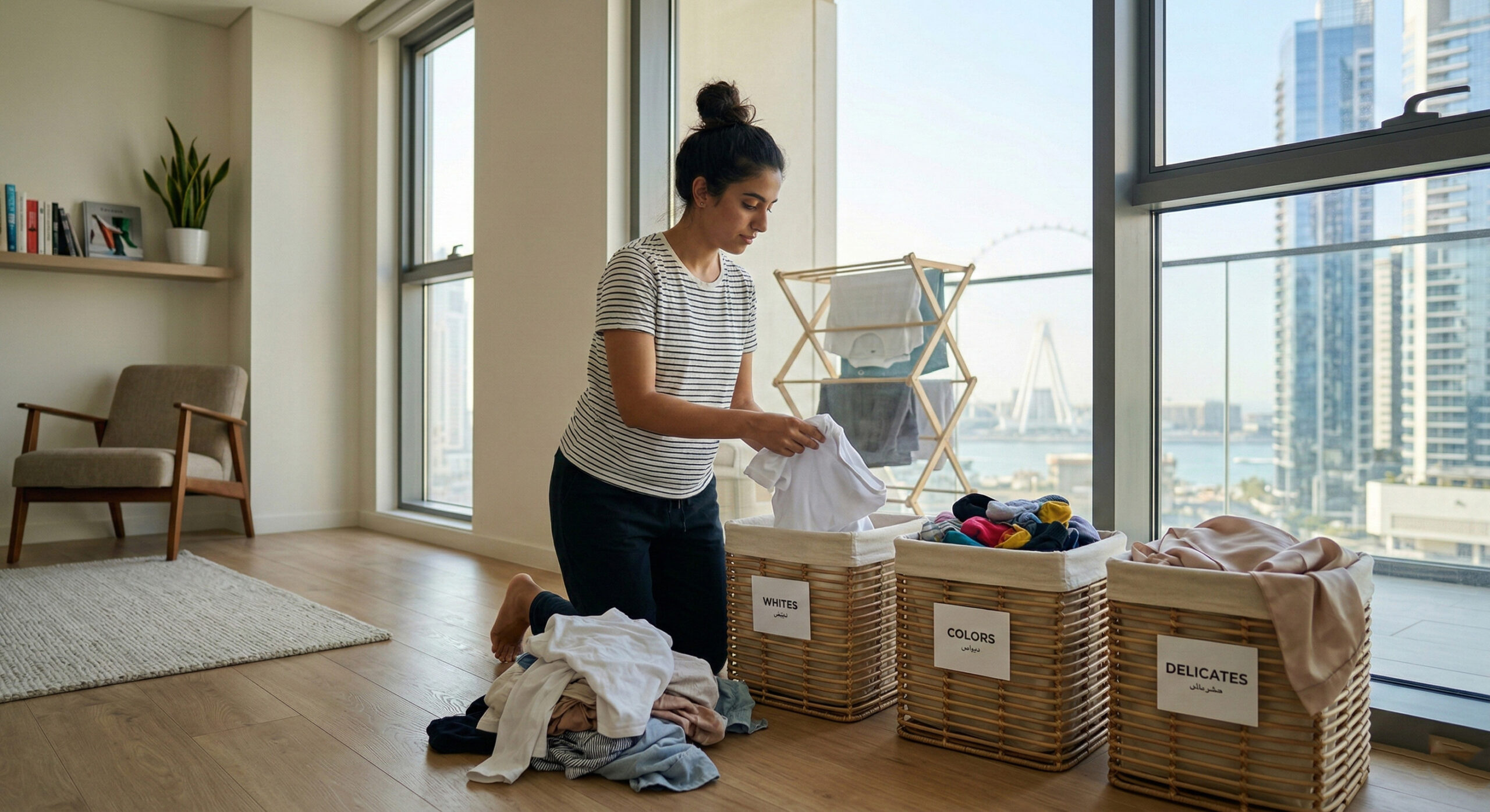 Person sorting clothes at home before scheduling home pickup laundry in Dubai