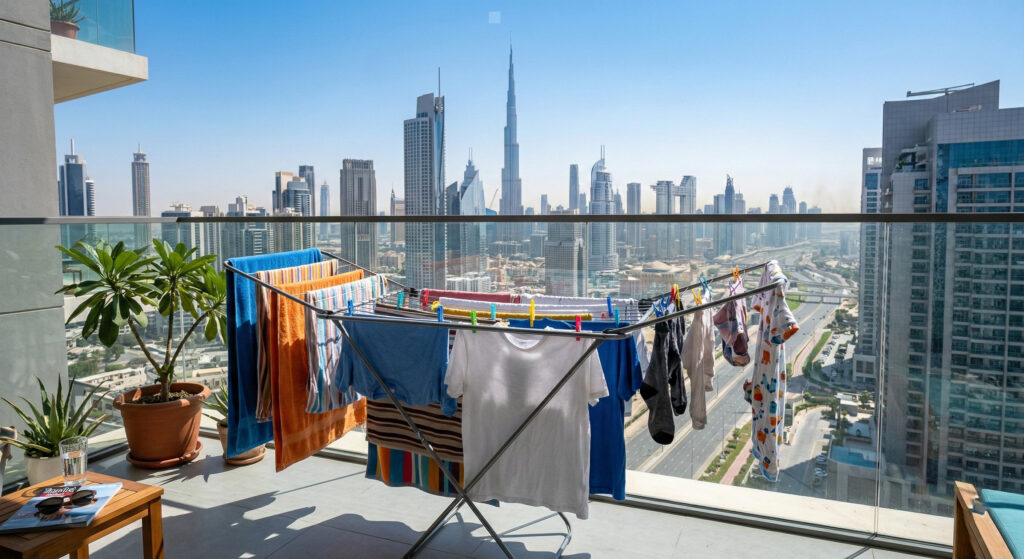 Clothes drying under strong sunlight in Dubai showing how UAE hot climate affects laundry frequency
