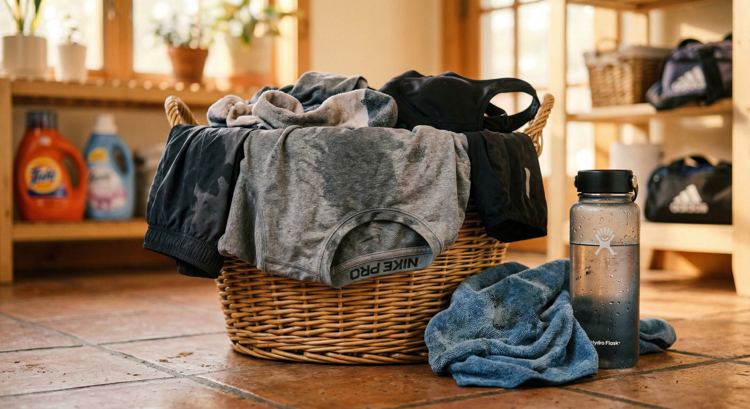 Sweaty gym clothes in laundry basket ready for washing at the best laundry in Dubai